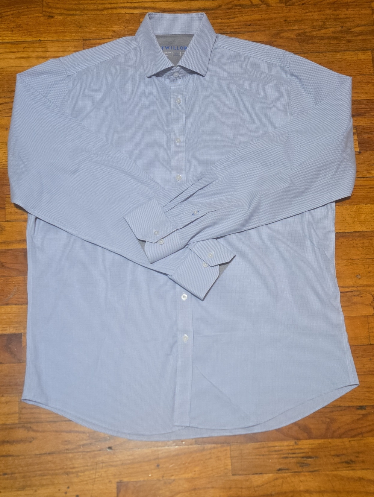 Twillory Tailored Fit Performance Fabric Dress Shirt Light Blue Check Pattern